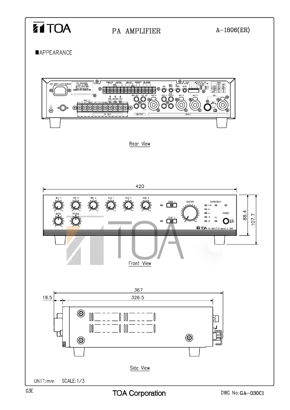 Kích thước Amply TOA A-1806