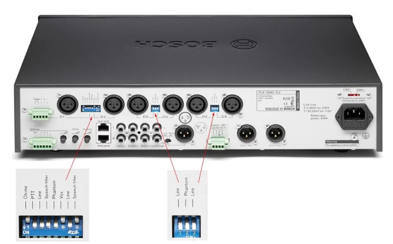 Các cổng kết nối của Amply Mixer Bosch PLE-2MA120-EU