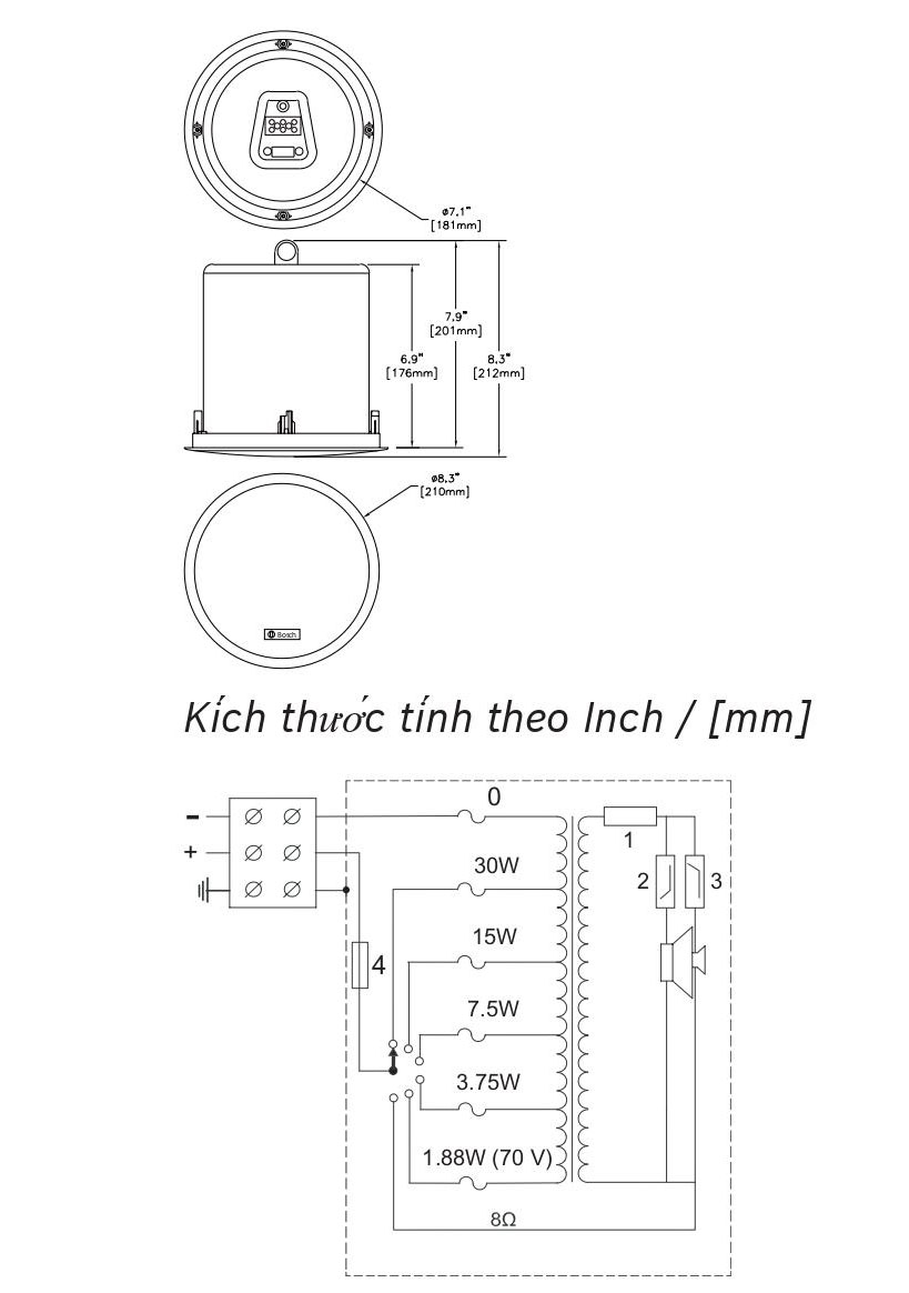 kích thước Loa âm trần bosch LC2-PC30G6-4