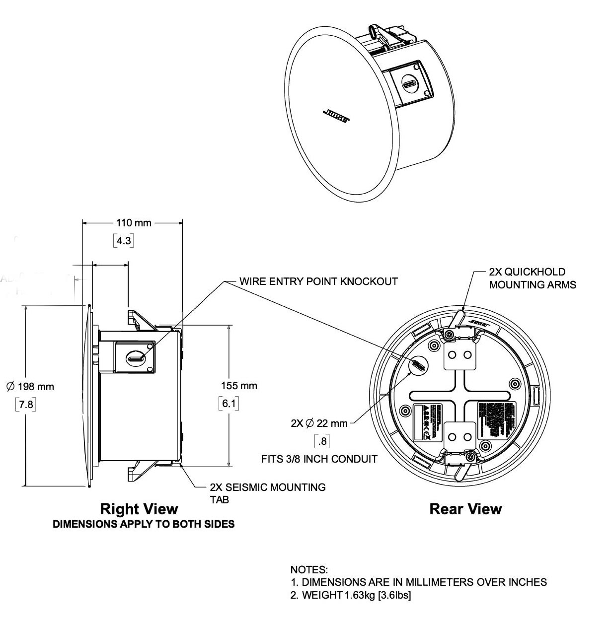 Kích thước Loa âm trần Bose DesignMax DM2C-LP