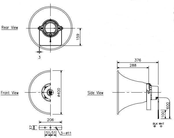 Kích thước Loa nén phản xạ vành tròn Toa TC-615M