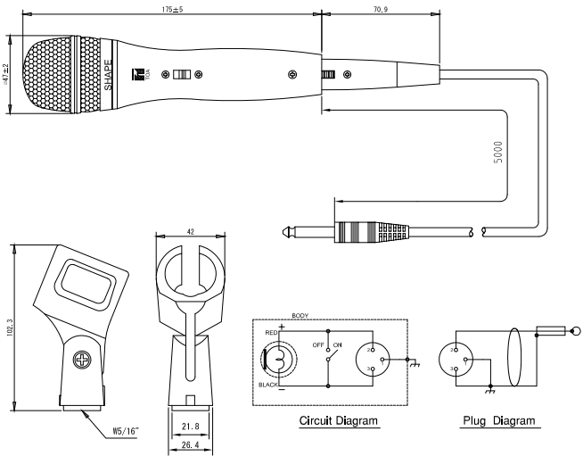 Kích thước Micro điện động cầm tay Toa DM-270