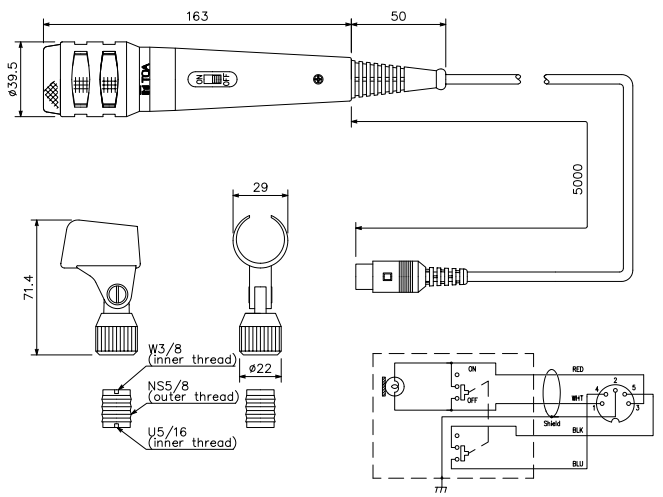 Kích thước micro có dây điện động Toa DM-1200D