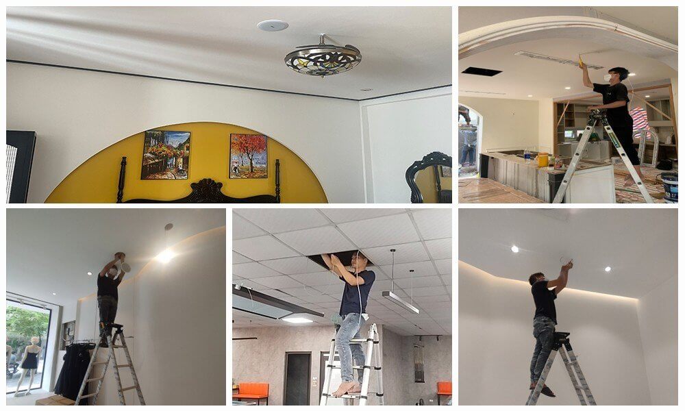 Hình ảnh kĩ thuật viên lắp đặt loa âm trần