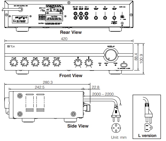 Kích thước Amply TOA A-2030