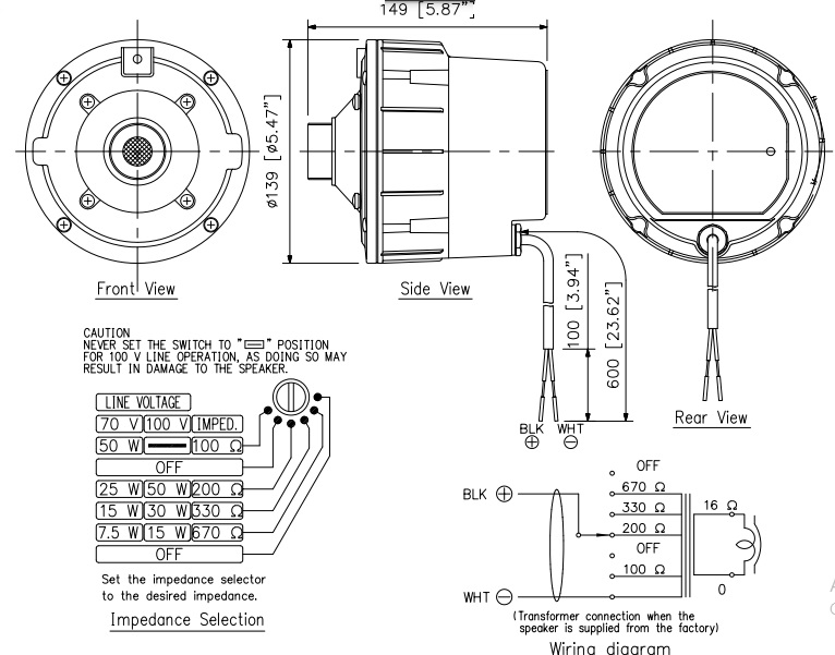Kích thước Củ loa có biến áp TOA TU-651M